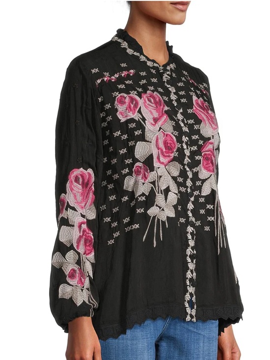 Johnny Was Tops - Johnny Was Black Blouse with Pink Rose Embroidery